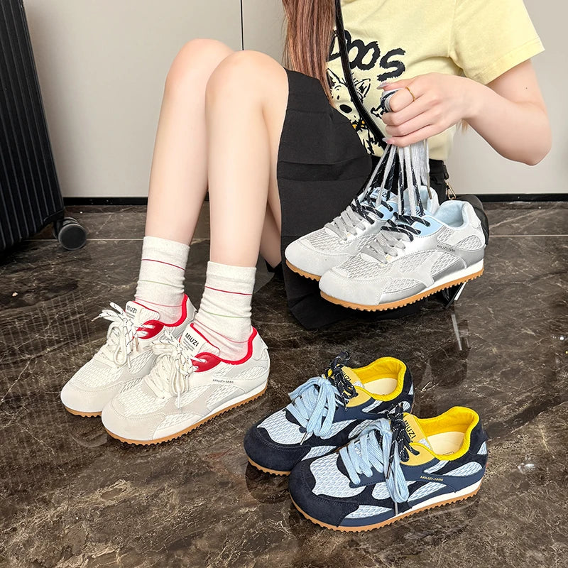 Zapatos vulcanizados para mujer, moda 2025, con cordones, colores a juego, nuevos, de malla redonda, ligeros, cómodos y casuales para caminar.