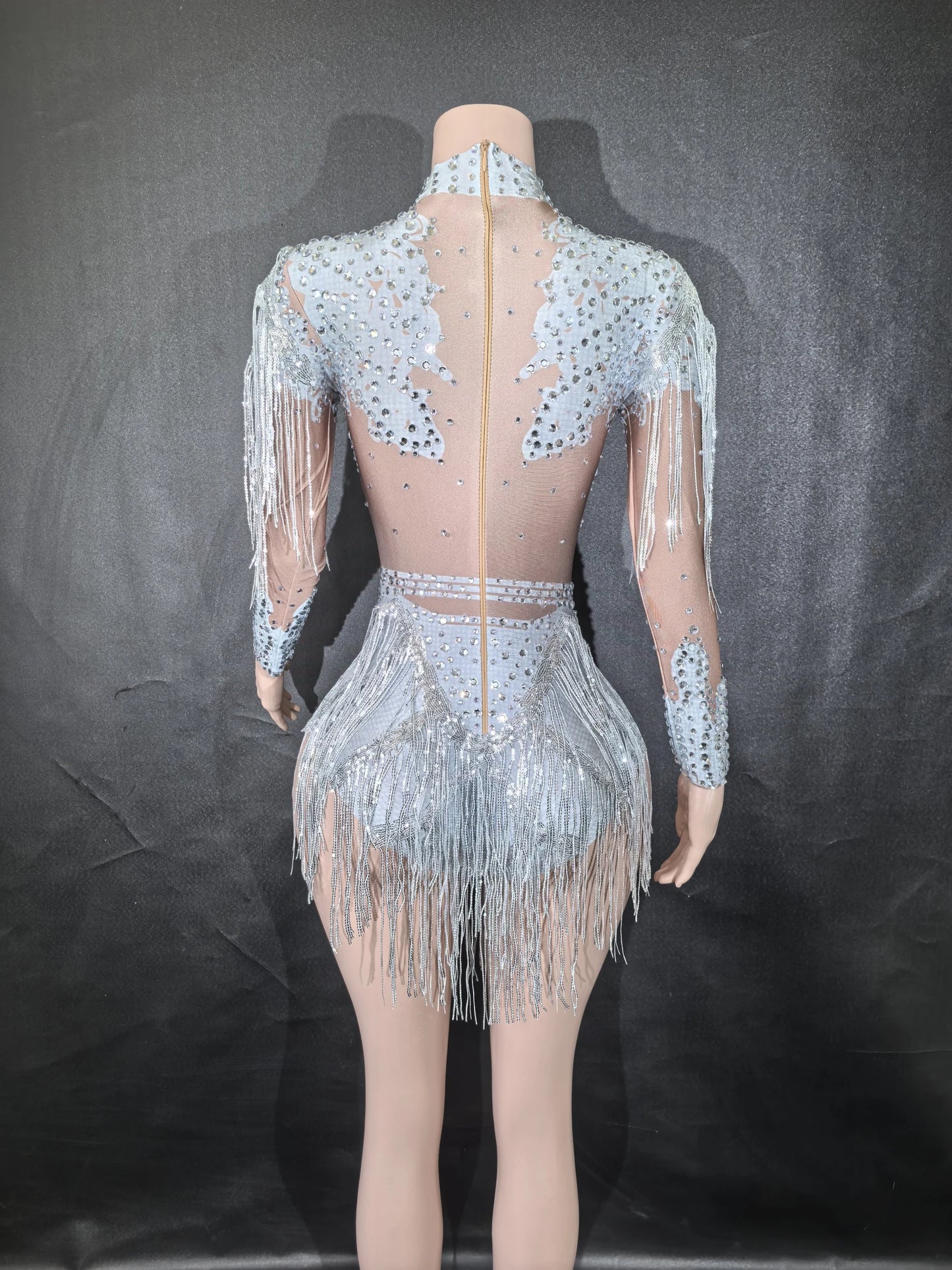 Sexy Skinny Leotard Singer Dancer Show StageWear Sparkly Blue Rhinestones Women DanceCostume Fringes One Shoulder Bodysuit 7G