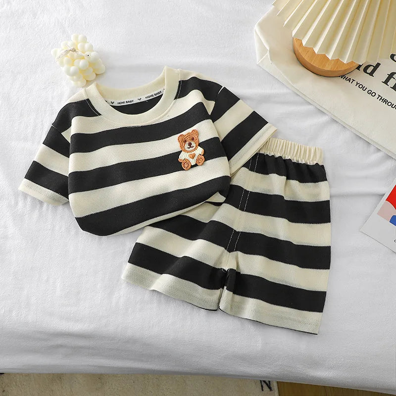 Ropa para niños, traje de manga corta, camiseta a rayas y pantalones cortos, camiseta de 2 piezas, ropa de verano para bebés, ropa para niños y niñas