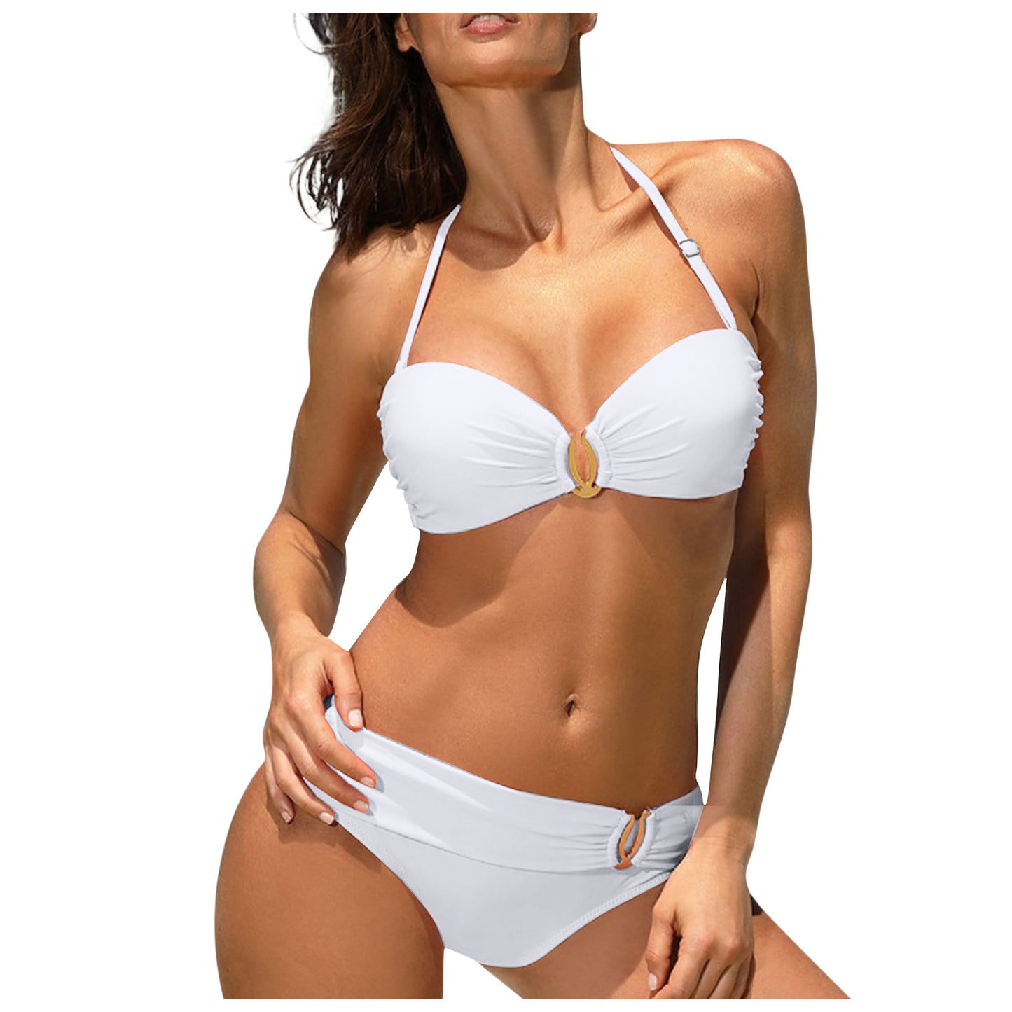 Bikini sexy con aros para mujer, traje de baño blanco liso con cuello halter, microbañador push up de metal, traje de baño brasileño de dos piezas 2023, nuevo