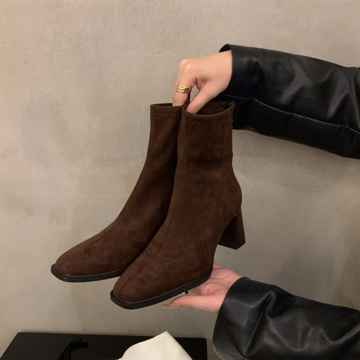 Vintage Women Ankle Boots 2024 Fashion Square Toe Thick High Shoes Autumn Winter New Ladies Elegant Stretch Slim Short Booties