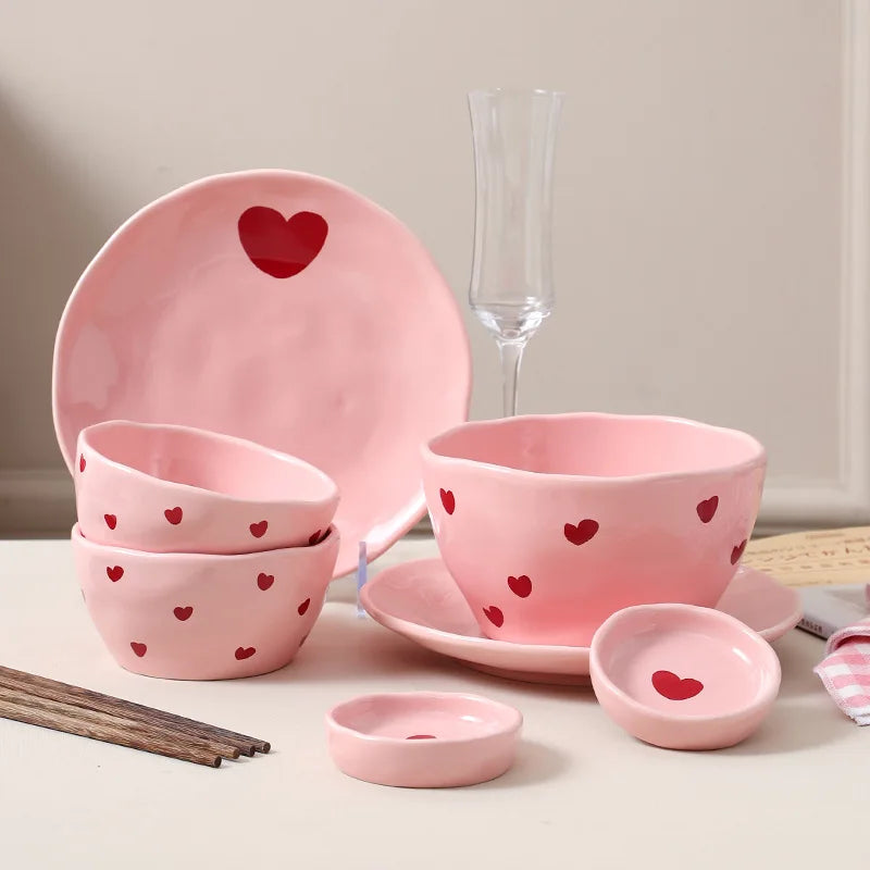 Ensaladera con diseño de corazón rosa, plato de cerámica, taza de café, tazón de postre para niños, platos de cena bonitos para el hogar, vajilla de restaurante