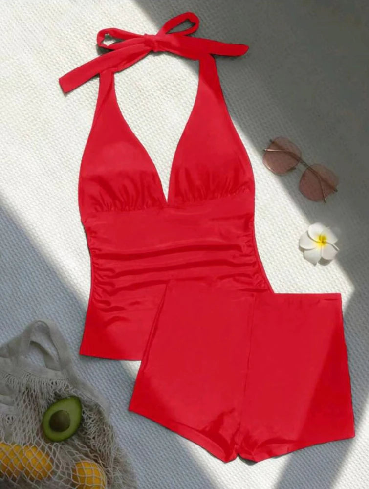 Traje de baño de verano para mujer, estilo push-up, con shorts y top, cintura alta, estilo monokini.