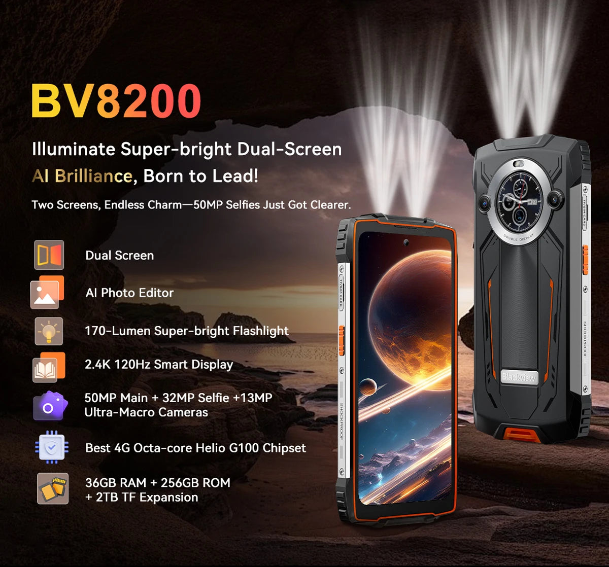 【Estreno mundial】Blackview BV8200 Teléfono resistente con pantalla de 6.5" 2.4K a 120Hz, procesador Helio G100, NFC, 12GB de RAM, 256GB de almacenamiento, Android 14 y cargador de 45W.