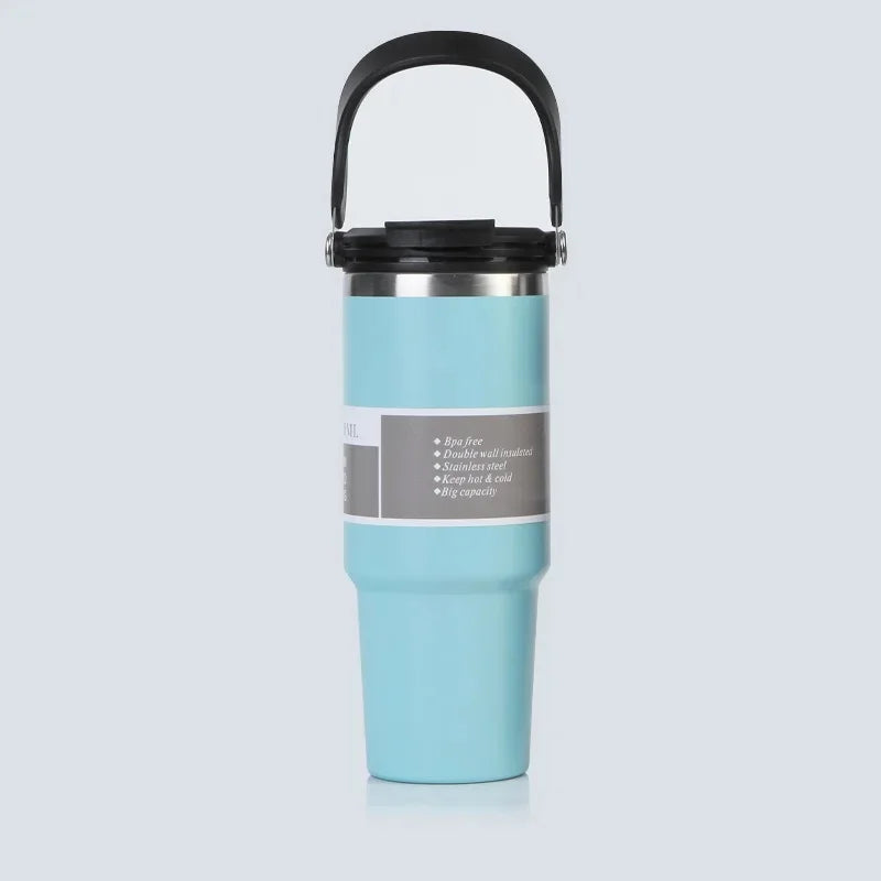 Vaso portátil de acero inoxidable de 30 oz con aislamiento para coche, con pajita y doble pajita para bebidas frías, ideal para usar en el vehículo.