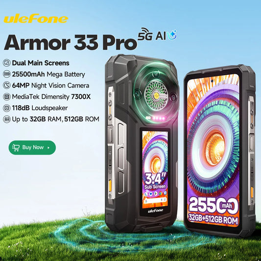【Estreno mundial】Ulefone Armor 33 Pro 5G Teléfono resistente con batería de 25500 mAh, 512 GB de ROM, pantalla trasera de 6,59" y 3,4" a 120 Hz, NFC y Android.