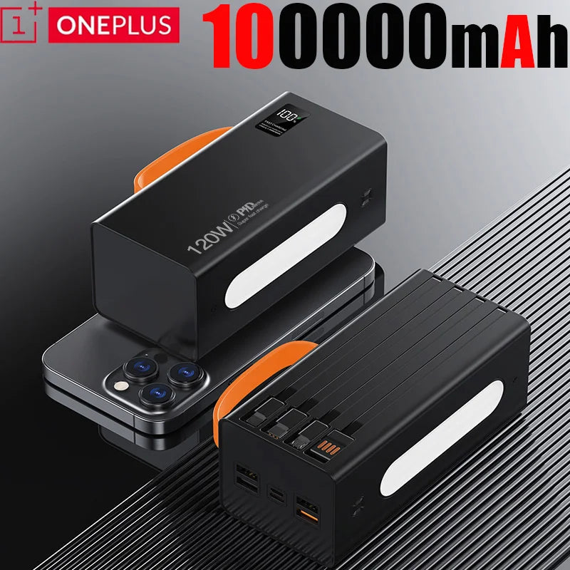 Cargador portátil de alta capacidad Oneplus de 500.000 mAh y 120 W, 4 en 1, con carga rápida y cables, para Samsung y iPhone.