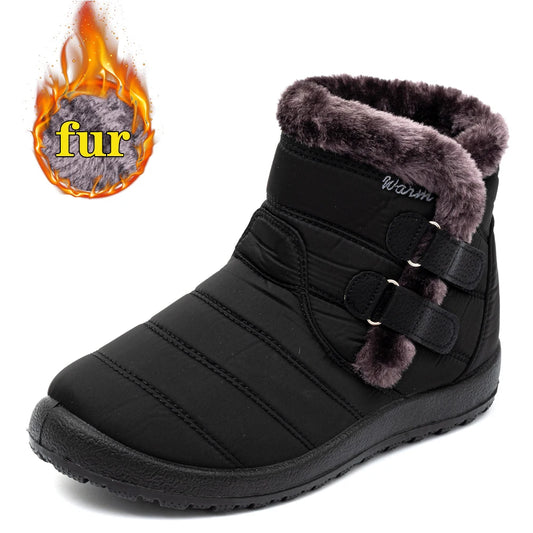 Botas de nieve cálidas de piel para mujer, botines de tobillo de talla grande, informales, planos, de invierno, antideslizantes, a la moda, impermeables