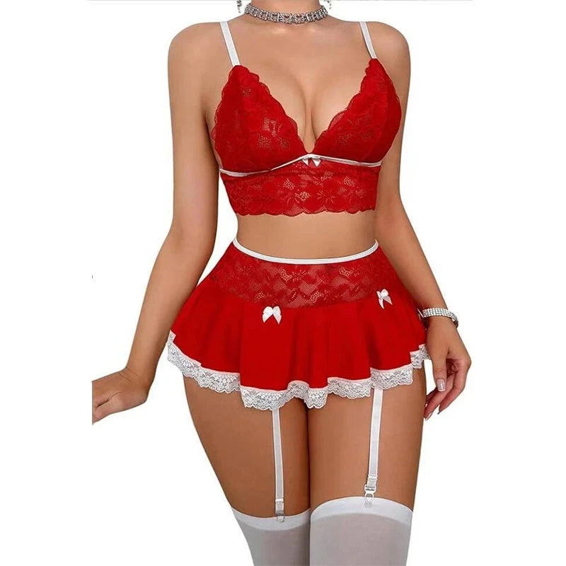 Cosplay Sexy Ropa Interior Sin Costuras Elegante Traje Erótico Para Mujer Sujetador Abierto Fantasía Mini Falda Conjunto De Liga