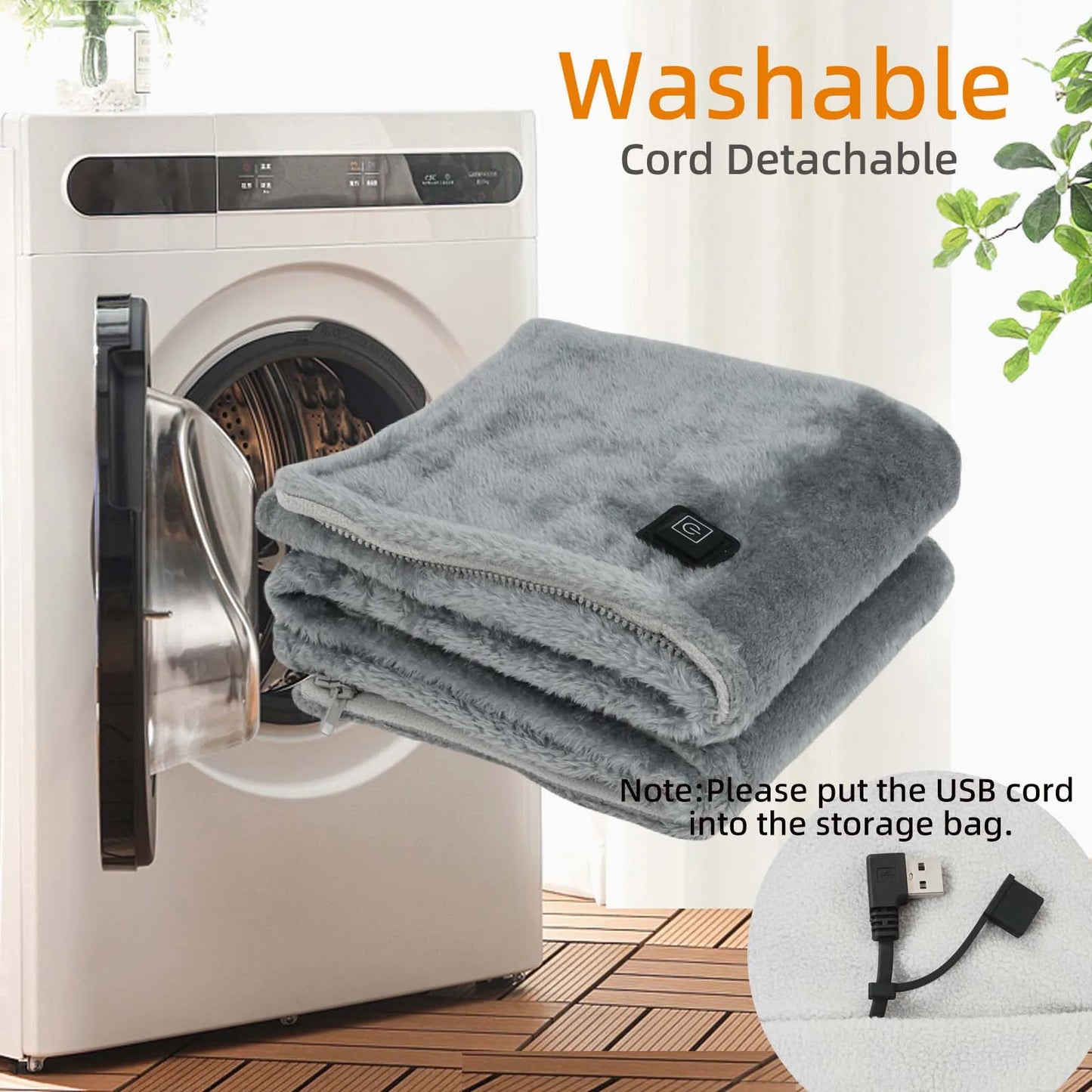 Manta térmica portátil USB de 5 V, con 5 niveles de calor, inalámbrica y con cremallera para mujer.