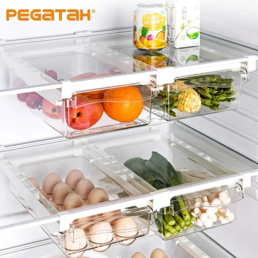 Organizador de refrigerador transparente, caja de almacenamiento para huevos de frutas, cajón debajo del estante, organizador de cocina para mantener la frescura.