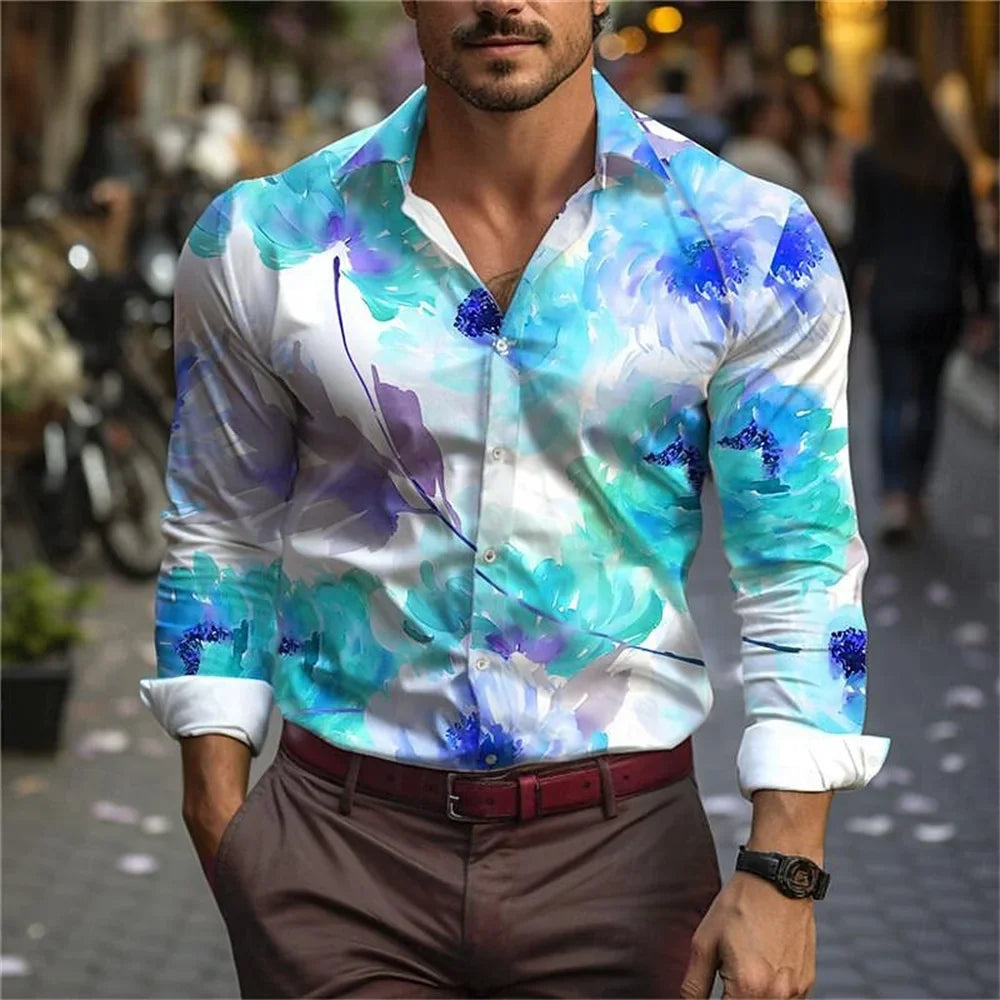 Camisa informal con estampado de hojas en 3D para hombre, nueva, para uso diario, con solapa de primavera, manga larga, abotonada, tallas S a 6XL, 2024