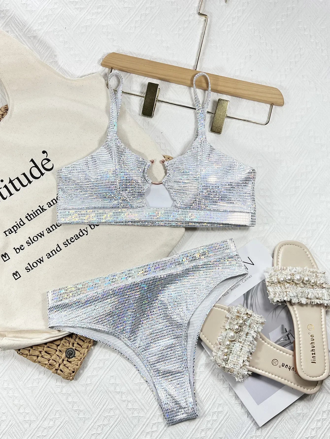 Bikini sexy de cintura alta con lentejuelas plateadas, traje de baño para mujer, conjunto de bikini, traje de baño nuevo, bikini femenino con push-up y aro de metal.