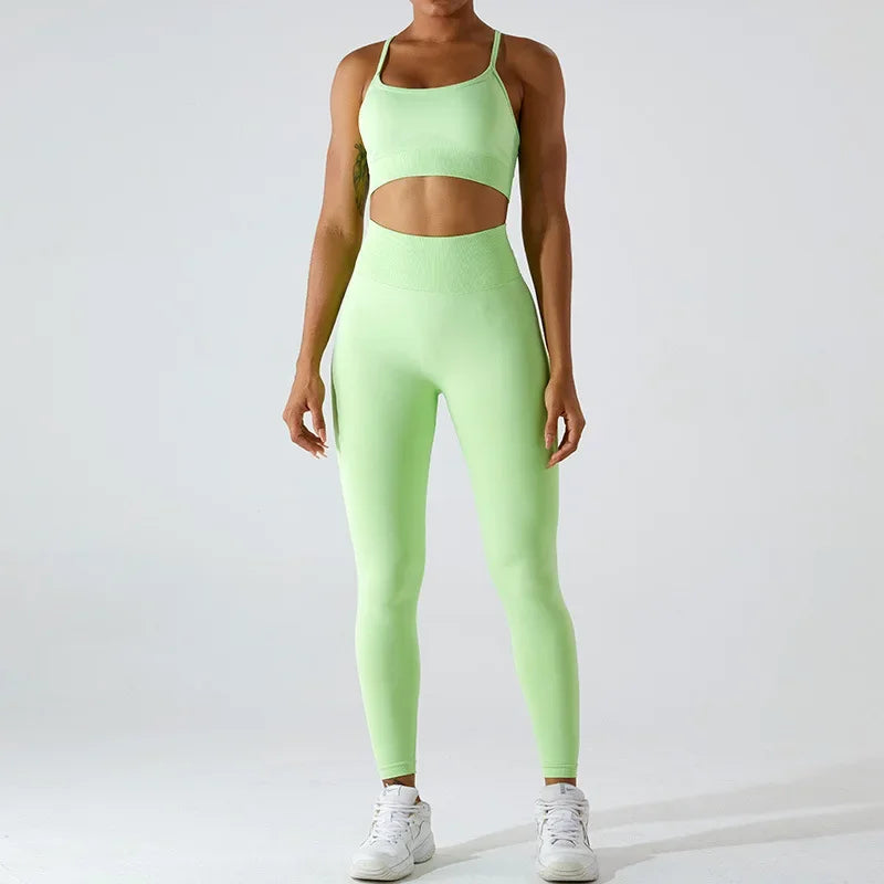 Conjunto de yoga de dos piezas para mujer, sujetador deportivo con espalda cruzada de color liso, top color miel melocotón, leggings de secado rápido para realce de cadera, traje deportivo de fitness