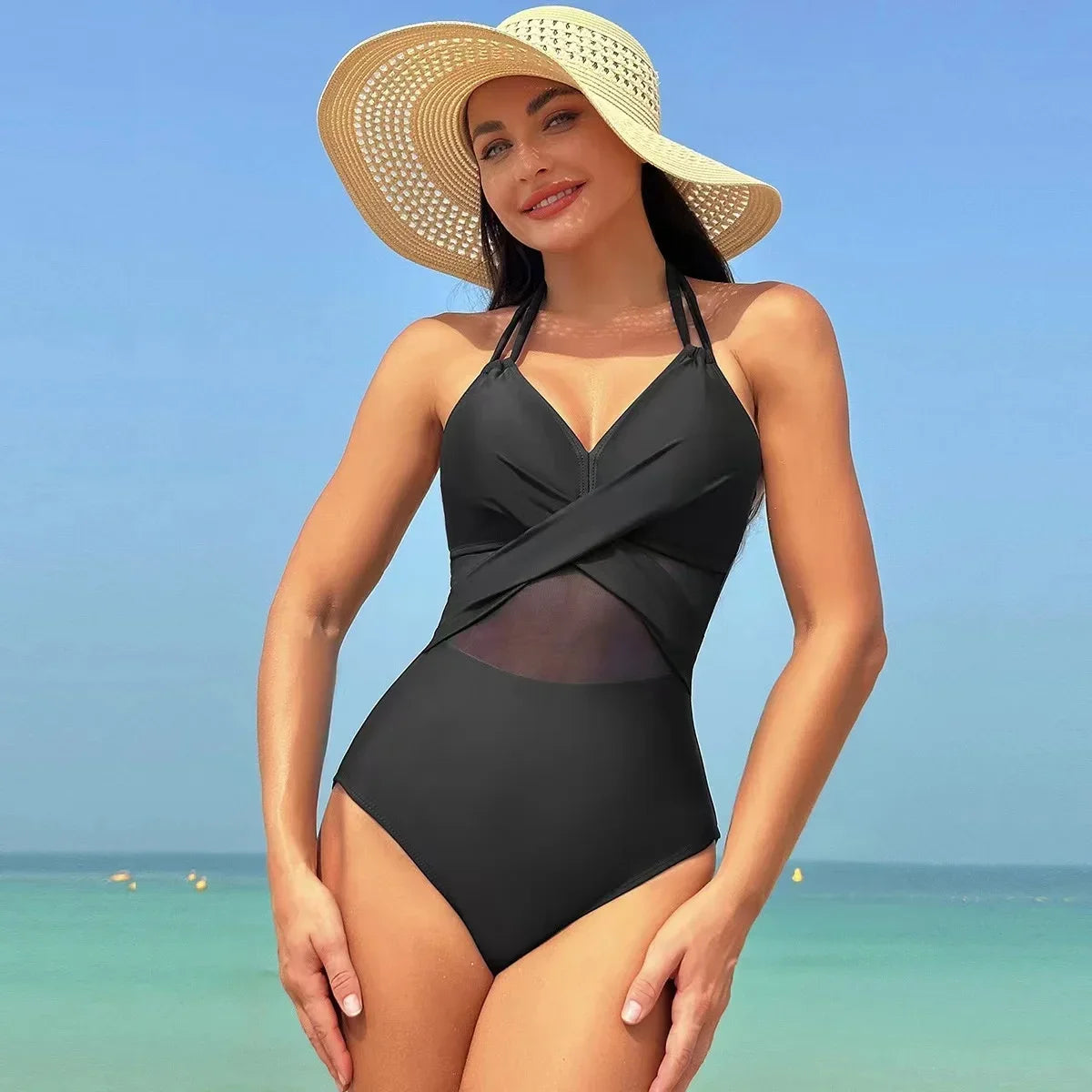 2024 Women One Pieces Solid Swimsuits Sexy Swimwear Bathing Suits Rib Mesh V-neck Swimsuit Bathing Suit Beach Pool Bather