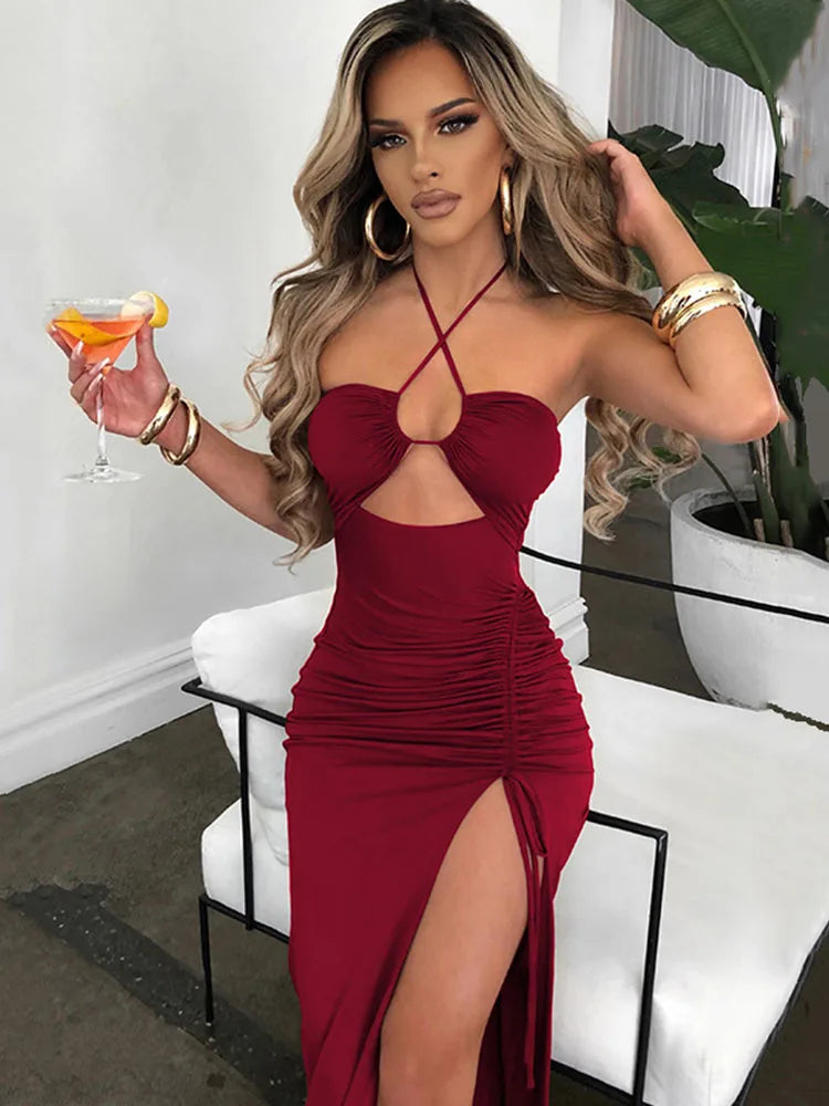 Vestido midi ajustado sin mangas, sexy, con espalda descubierta y escote en V para mujer, para fiesta y club nocturno