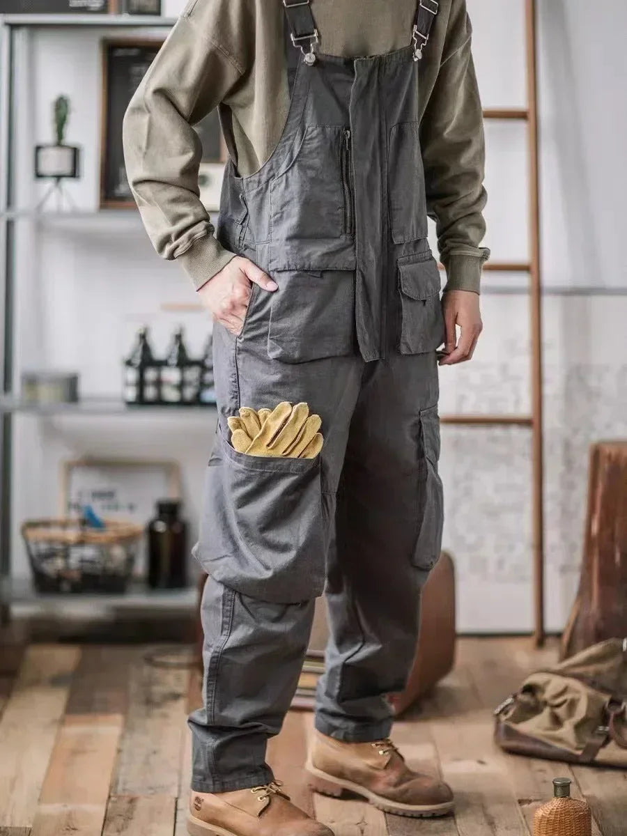 Retro American Cotton Overalls Bibs Loose Washing Jumpsuit Men's Suspenders Four Seasons Full Length Baggy Pants