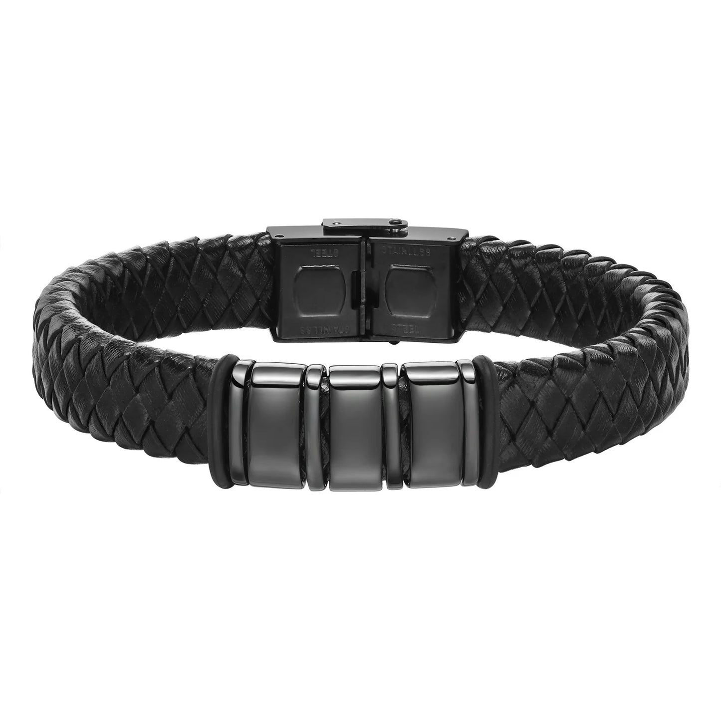 Pulseras trenzadas de cuentas personalizadas para hombre, de cuero, acero inoxidable, color negro y plateado, con nombre personalizado, regalo para un familiar.