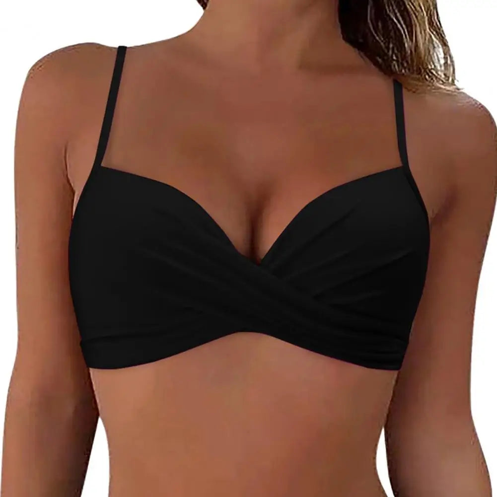 Sexy Ladies Beachwear Bra Tops Black for Swimwear Female Low Waist Swimsuit Women V-Neck Front Knotted Bikini Top Bathing Suit
