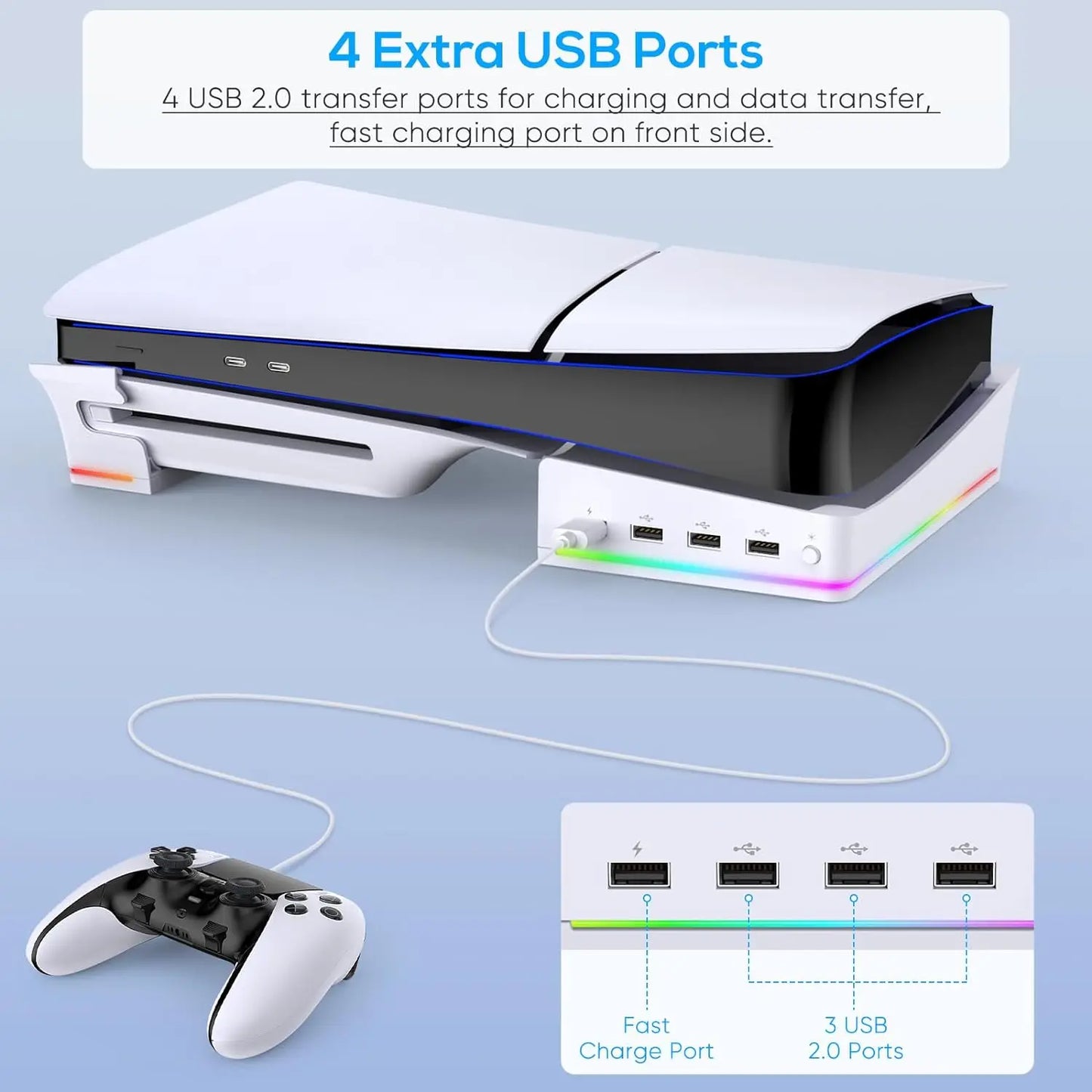 Soporte horizontal IPEGA con luz LED RGB para consola PS5 Slim, accesorio con 14 modos de luz y 4 puertos USB.