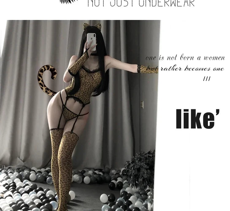 Erotic Sexy Lingerie Bodysuit Women Teddy Leopard Cat Girl Cosplay Costumes Anime Maid Love Live Temptation Uniform with Socks