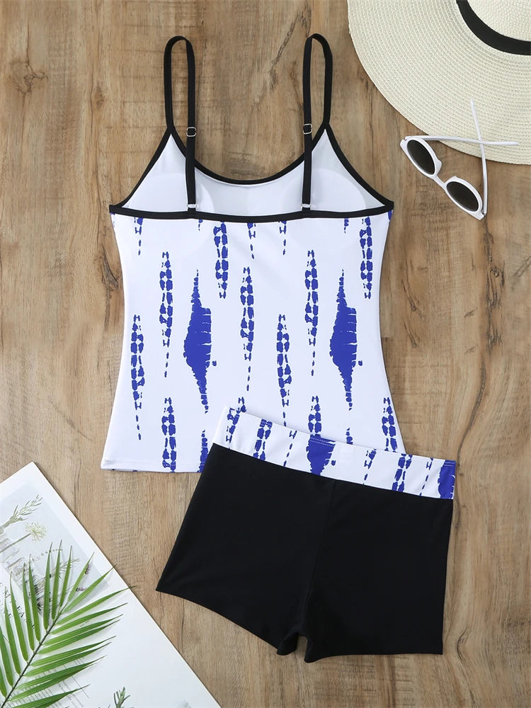 Traje de baño de dos piezas para mujer 2025, nuevo traje de baño liso con estampado de tirantes, tankini de verano, pantalones cortos tipo bóxer de cintura alta, traje de baño de playa para mujer