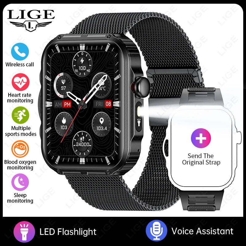 Reloj inteligente de 2,01 pulgadas para hombre y mujer, con linterna LED, control del ritmo cardíaco, para deportes al aire libre y fitness, resistente al agua