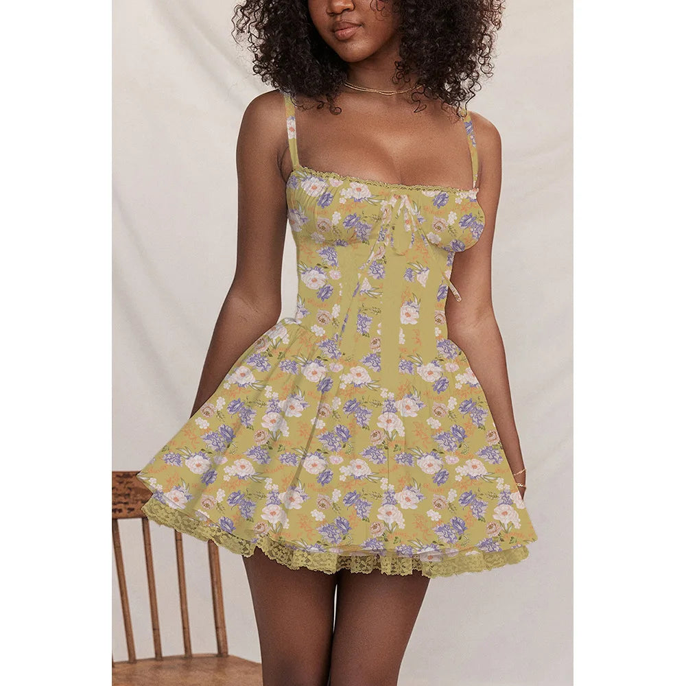 Sexy Lace Floral Corset Short Dress Elegant Women's White Yellow Sundress Female High Waist Mini Sun Dresses Summer 2025 New In