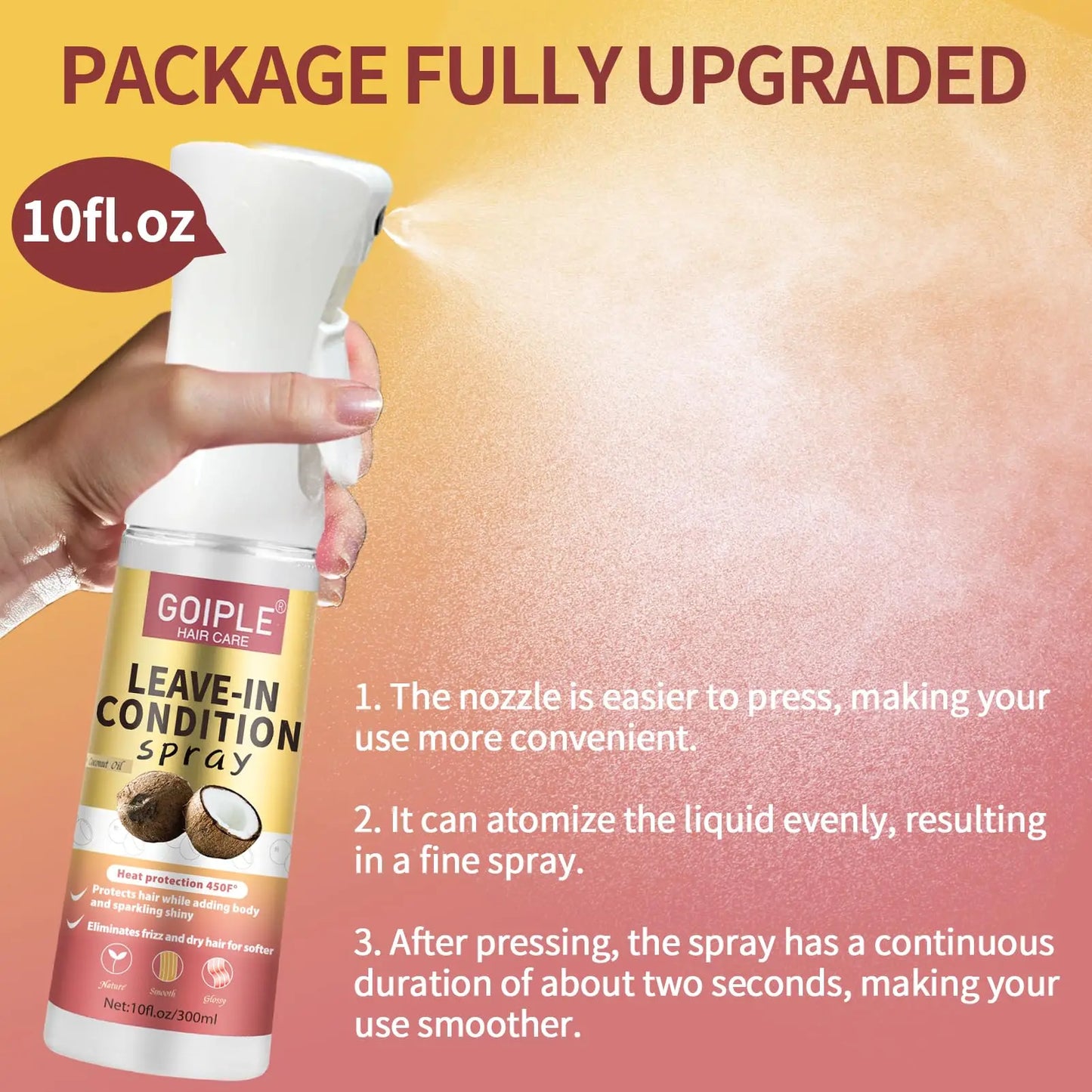 Acondicionador en spray sin enjuague de coco de 300 ml para cabello rizado, alisador, antiencrespamiento, suavizante, protector para cabello dañado por el calor.