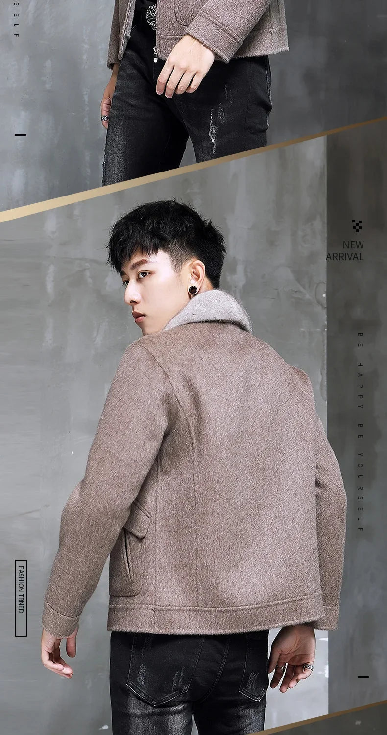AYUNSUE Spring Autumn Wool Coat Men Double-sided Alpaca Jacket Mink Fur Collar Mens Coats and Jackets Overcoat 1970B KJ3859