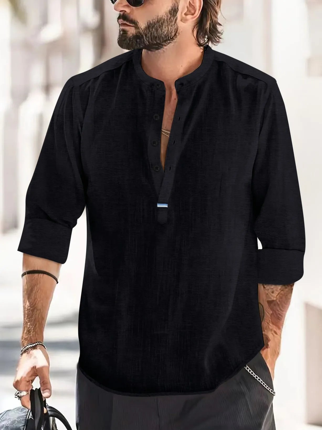 Camisas nuevas de algodón y lino para hombre, camisas casuales, de color liso, ligeras, de manga larga, estilo Henley, playeras, camisetas hawaianas para hombre.