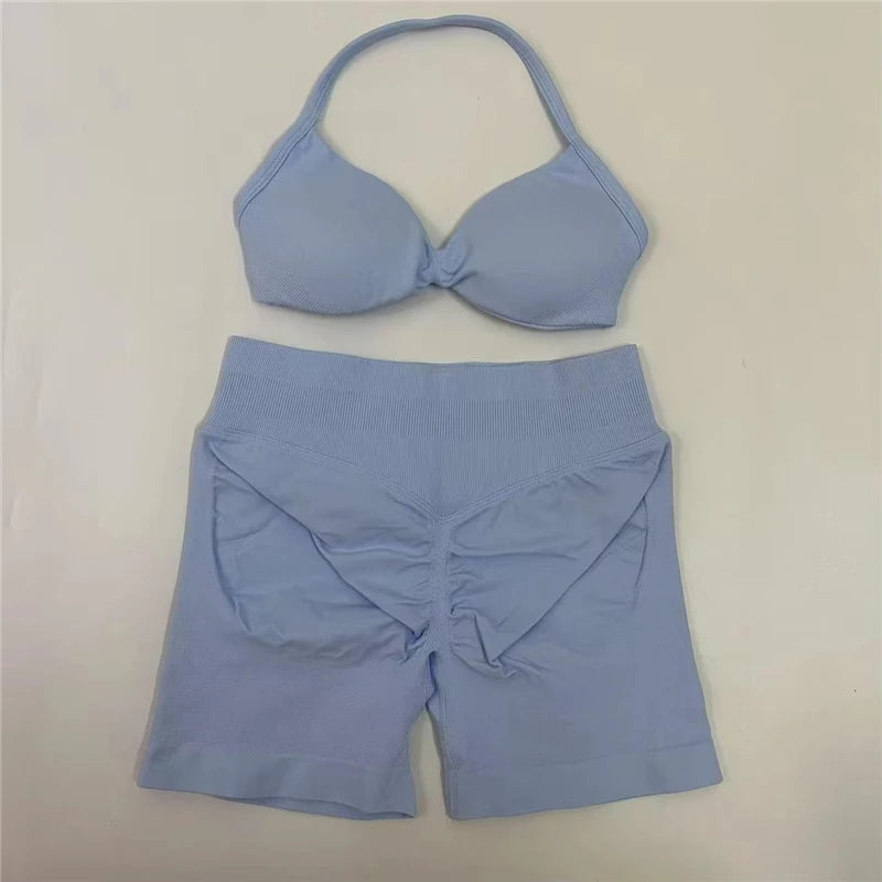 Women's Electric Blue Blossom High Stretch Top Sports Bra Shorts Set Comfortable Gym Workout Yoga Active Wear Impact Outfit