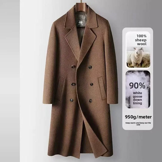 2025 Autumn/Winter New Men's 100% Wool Coat Knee length Double breasted Goose Down Inner Tank Thickened for Warmth