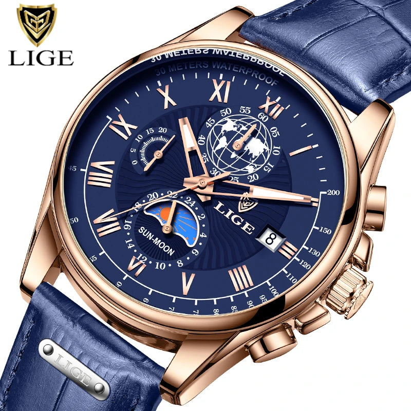 LIGE 2024 - Nuevo reloj de cuero azul para hombre, marca de lujo, resistente al agua, deportivo, con fecha, de cuarzo, Masculino