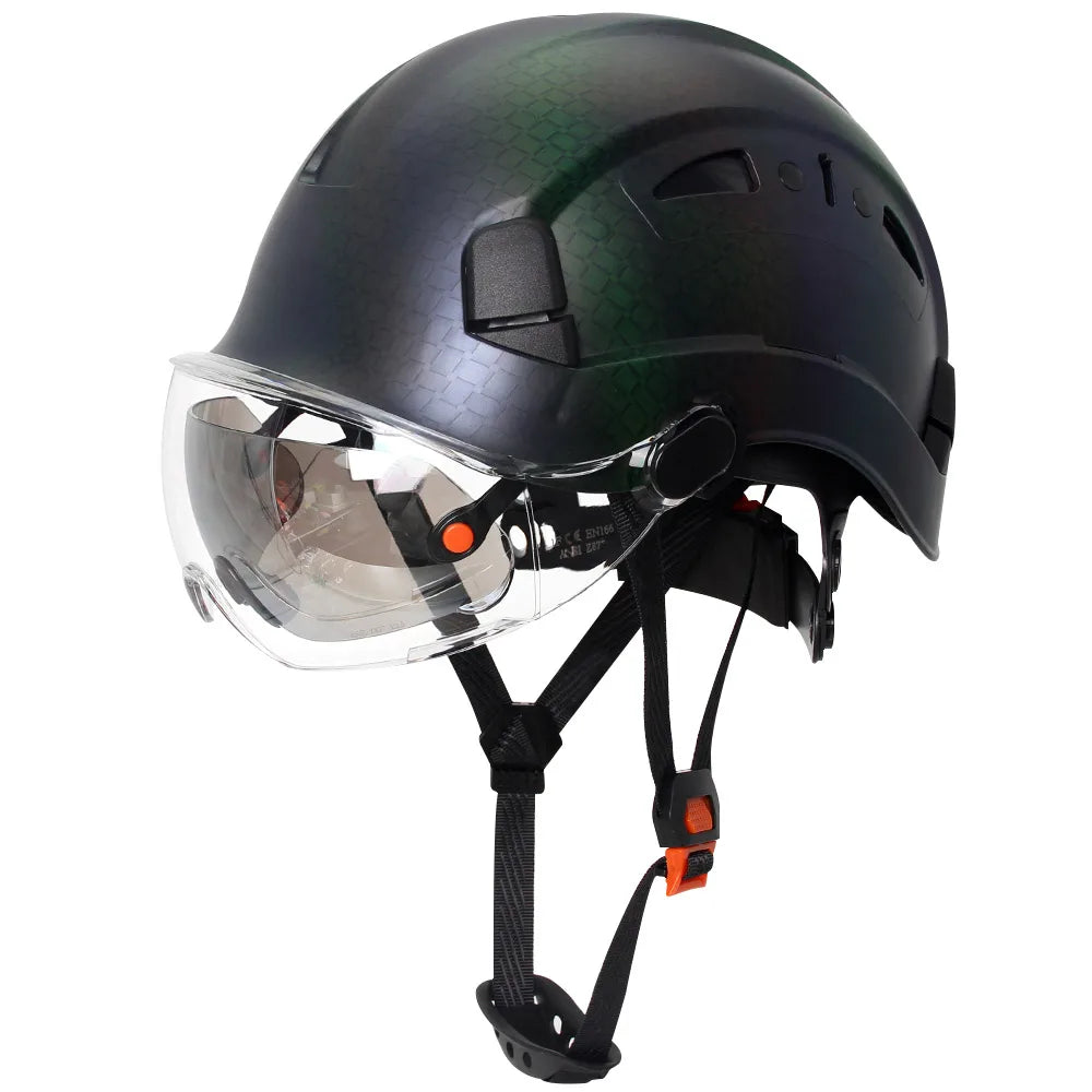 Casco de seguridad con patrón de fibra de carbono y gafas de doble visera para ingenieros, casco de seguridad CE ANSI ABS, gorra de trabajo industrial, rescate
