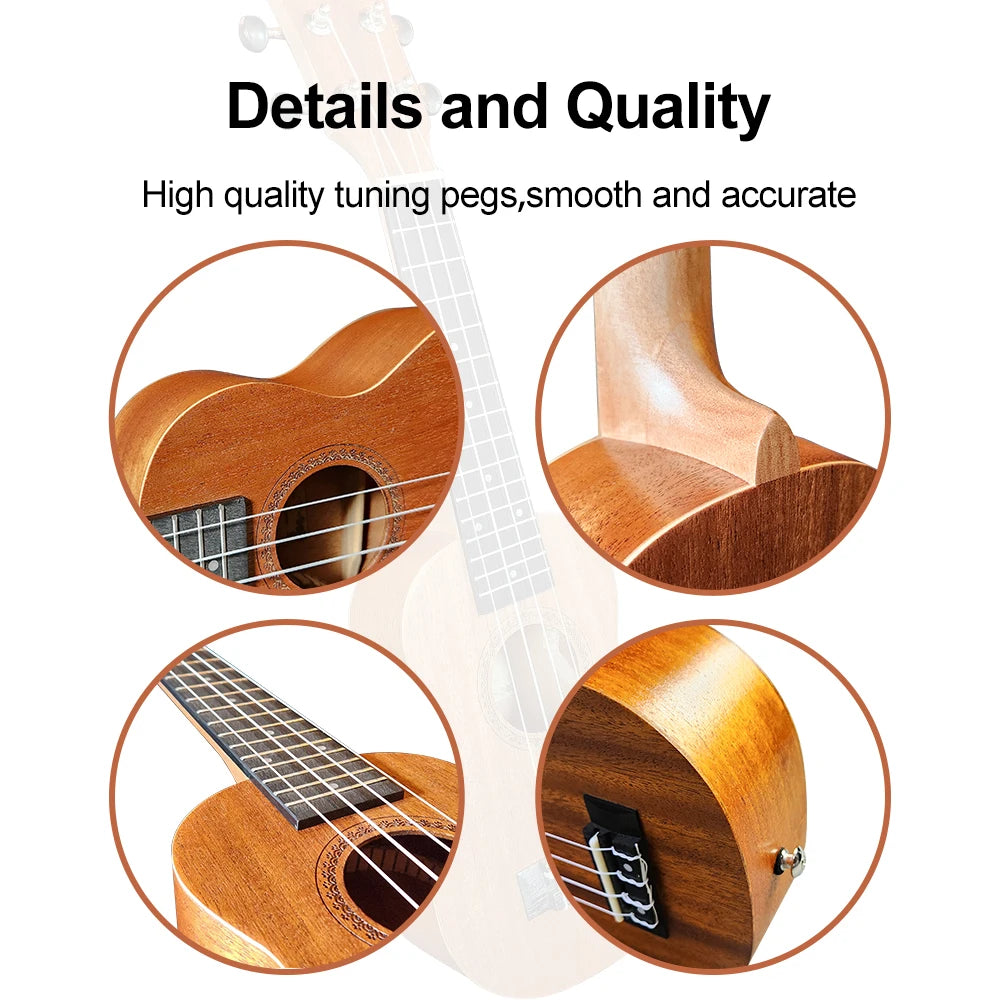 Kit de ukelele acústico de 21 pulgadas con bolsa, cuerdas y afinador, madera maciza, ideal para estudiantes y principiantes, regalo para niños.