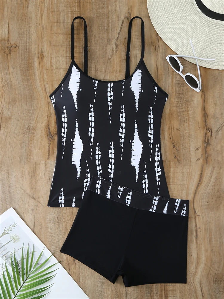 Traje de baño de dos piezas para mujer 2025, nuevo traje de baño liso con estampado de tirantes, tankini de verano, pantalones cortos tipo bóxer de cintura alta, traje de baño de playa para mujer