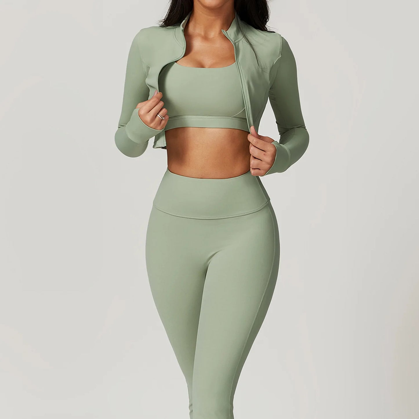 Conjunto de yoga de 3 piezas para mujer, conjuntos de entrenamiento, ropa deportiva para gimnasio, ropa deportiva con cremallera, leggings de manga larga y cintura alta, trajes deportivos, traje de yoga