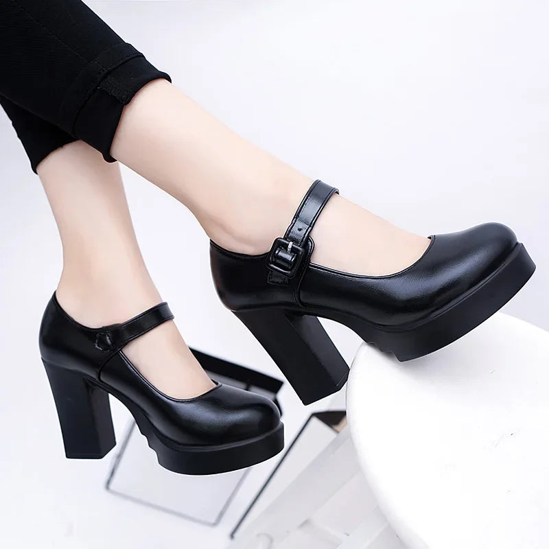 Zapatos de tacón alto para mujer, plataforma, con hebilla y punta redonda, para primavera y verano