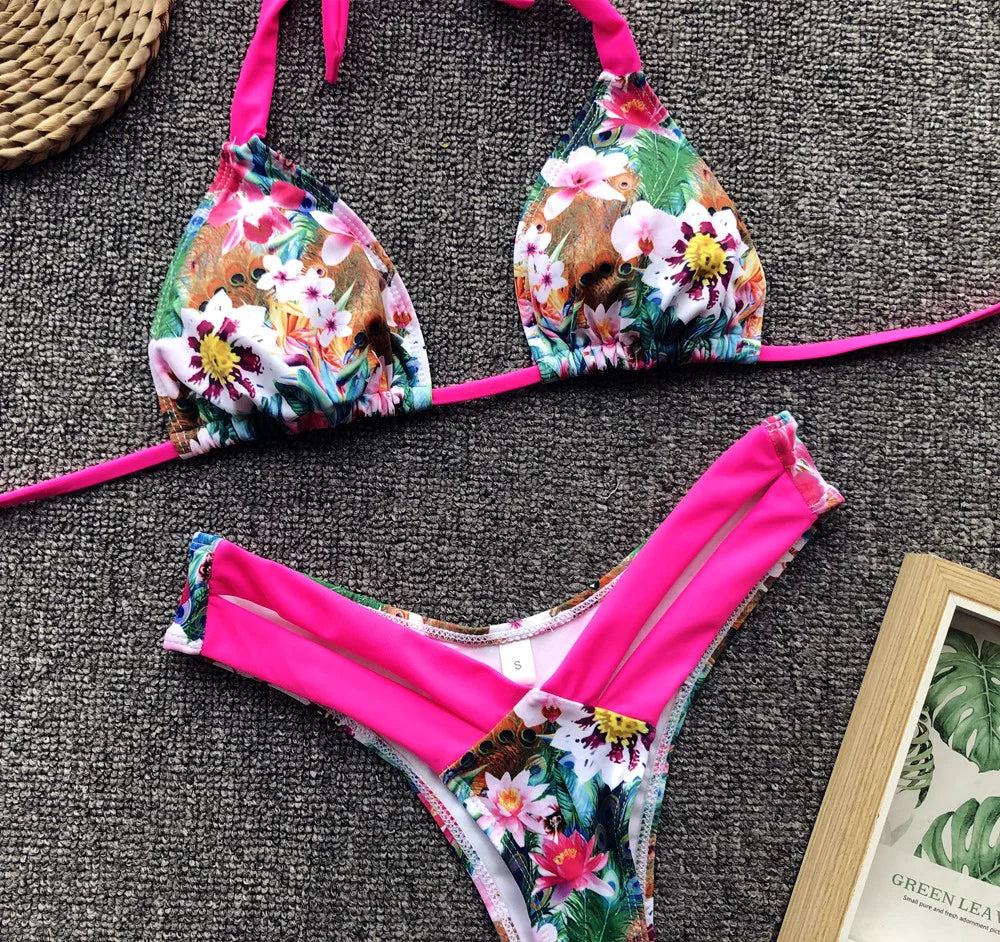 Bikini 2024 Sexy Leopardo Estampado Floral Halter Traje de Baño Traje de Baño Mujeres Bikini Conjunto Traje de Baño Playa Bikini Femenino Banadores Mujer