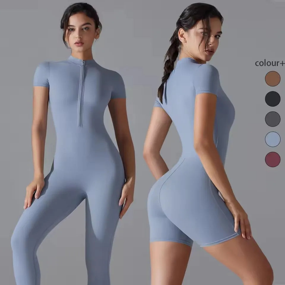 Women Zipper Bodysuits Fitness Sports Bodysuit Yoga Suit Breathable Quick Drying Sports Yoga Clothing Women Gym Push Up Workout