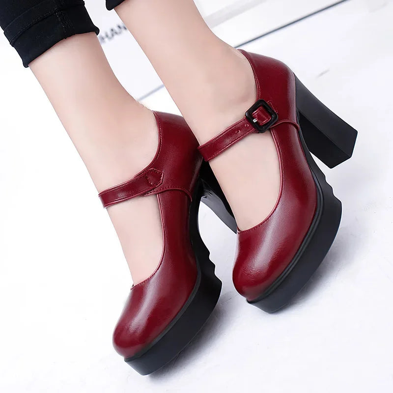 Zapatos de tacón alto para mujer, plataforma, con hebilla y punta redonda, para primavera y verano