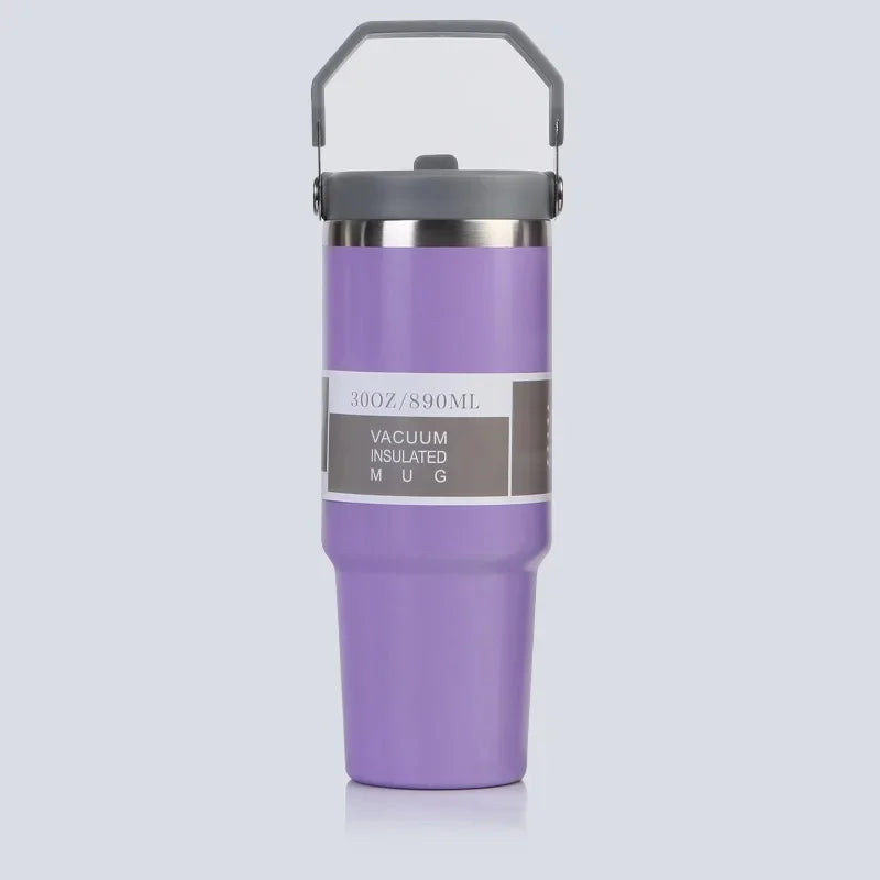 Vaso portátil de acero inoxidable de 30 oz con aislamiento para coche, con pajita y doble pajita para bebidas frías, ideal para usar en el vehículo.