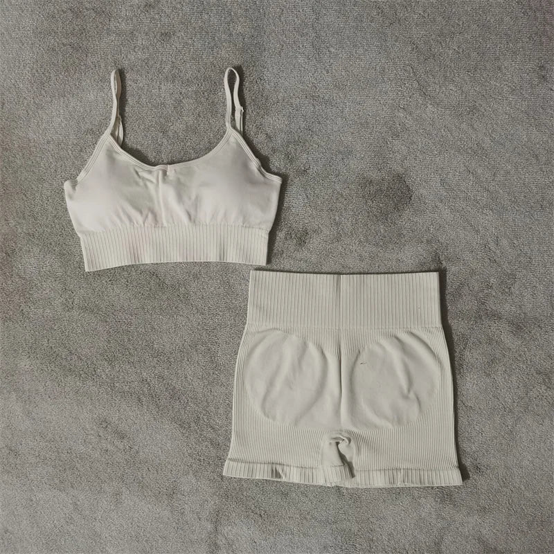 Conjunto de yoga fitness sin costuras para mujer, ropa deportiva de cintura alta, leggings, pantalones cortos de dos piezas, ropa de gimnasio para mujer