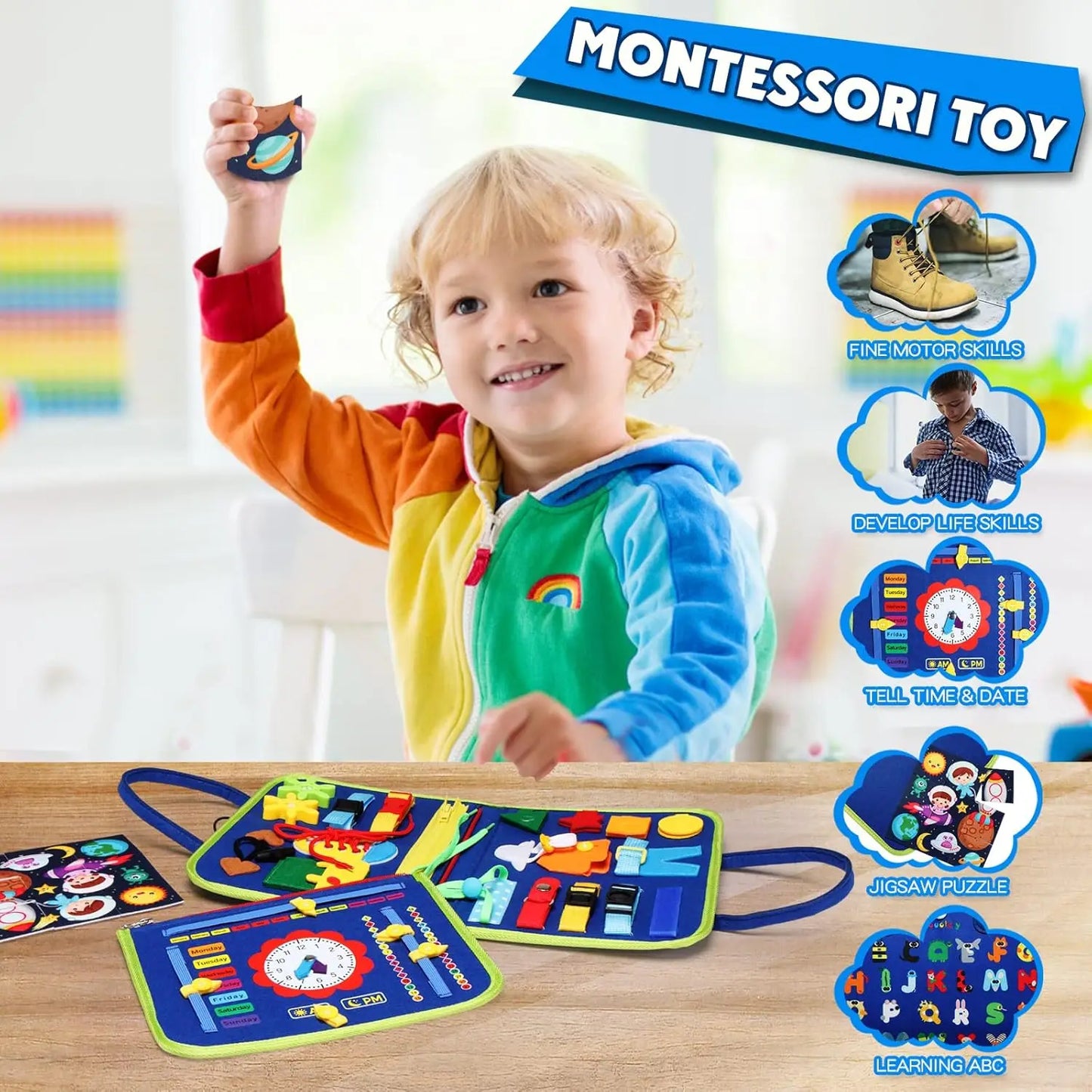 Tablero de actividades Montessori para niños pequeños, juguetes sensoriales, aprendizaje preescolar, actividades educativas de viaje para niños, habilidades motoras finas