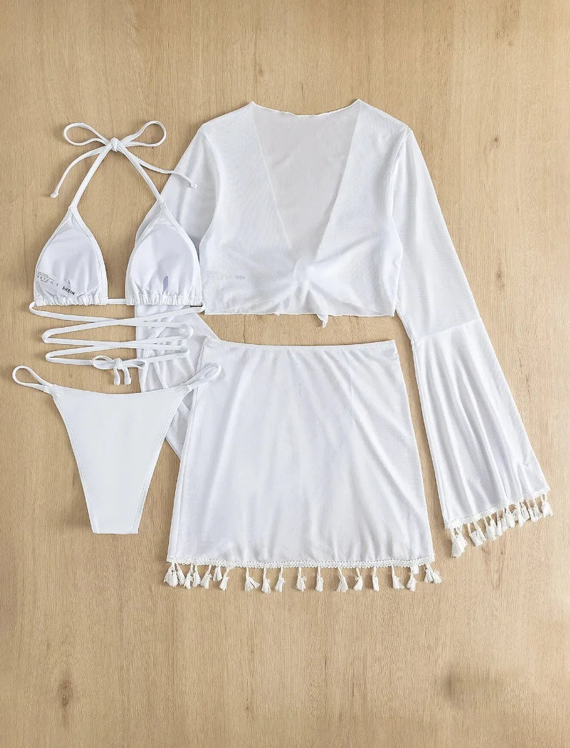 4 Piece Swimming Suit Women Beach Wear Solid Tassel Cover Up Mesh Mini Skirt Bikinis Set Cute Swimming Pool Outfit Summer