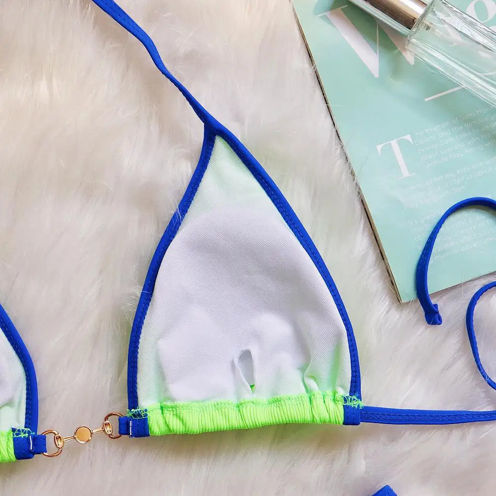 Bikini sexy con cuello halter y perlas para mujer, traje de baño femenino de dos piezas con ribete acanalado