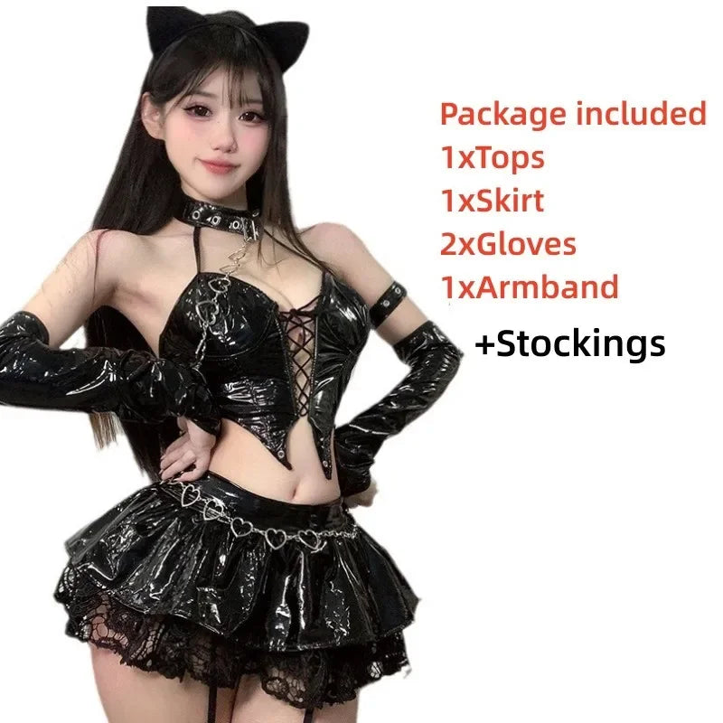 Disfraz de Halloween para mujer, cosplay de anime, reina de la ciudad del diablo Misa, uniforme, disfraz de cosplay, atuendo de cuero PU cyberpunk.