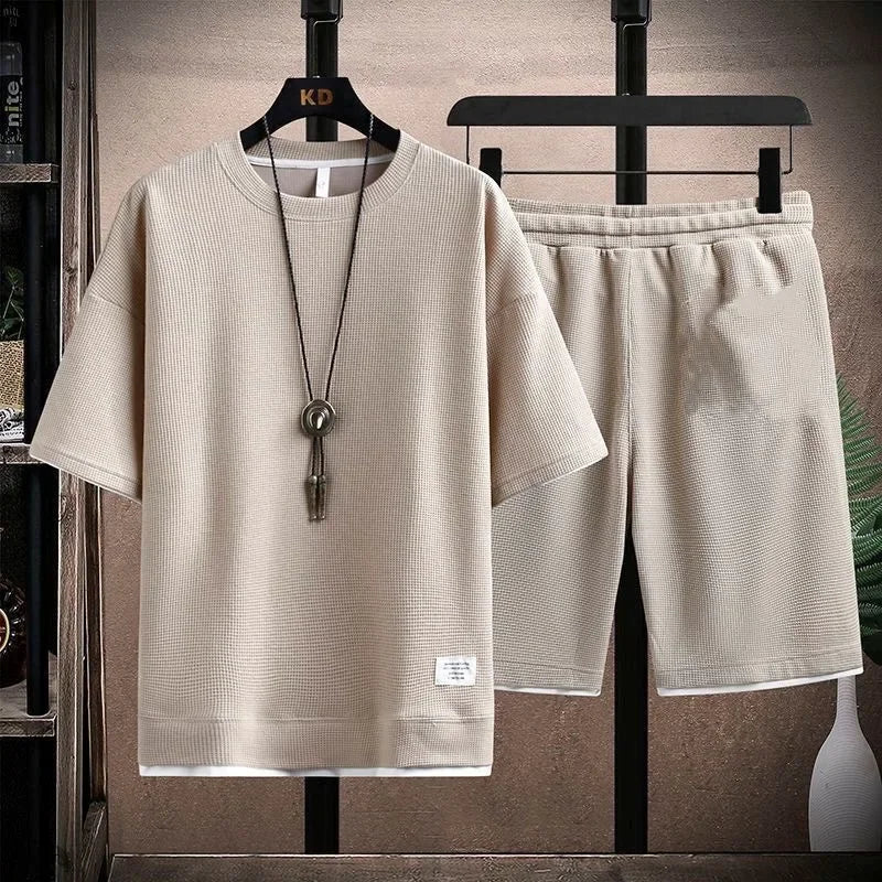Conjunto deportivo informal de verano para hombre, pantalones cortos de manga corta con cordón, pantalones holgados de cinco cuartos, traje fino de dos piezas para hombre