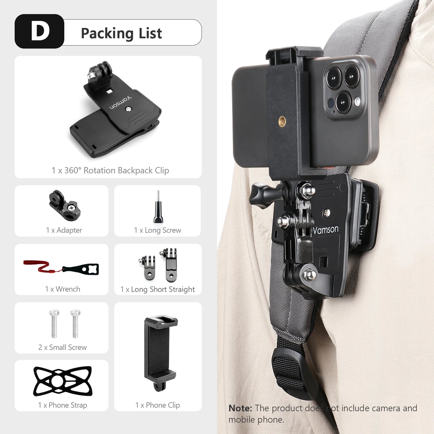 Clip de mochila Vamson para Insta360 x3 para cámara GoPro Hero 11, 10 y 9, soporte para cinturón de hombro giratorio de 360°, accesorios para DJI Action